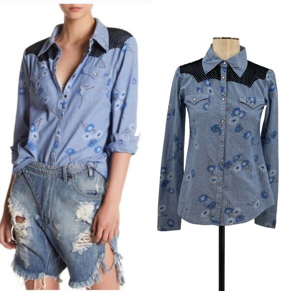 One Teaspoon Tops - One Teaspoon Wild‎ Saloon Chambray Shirt Top Button Down Floral Blue Size XS